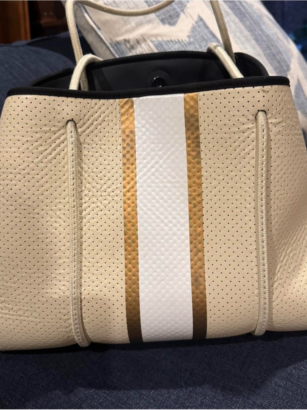HAUTE SHORE Beige and White Tote with Gold Stripes with matching wallet